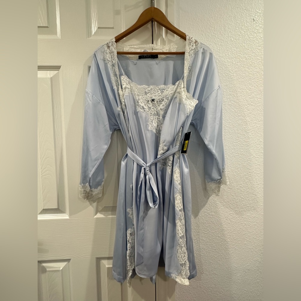Powder blue white lace sleep lounge robe and nightgown